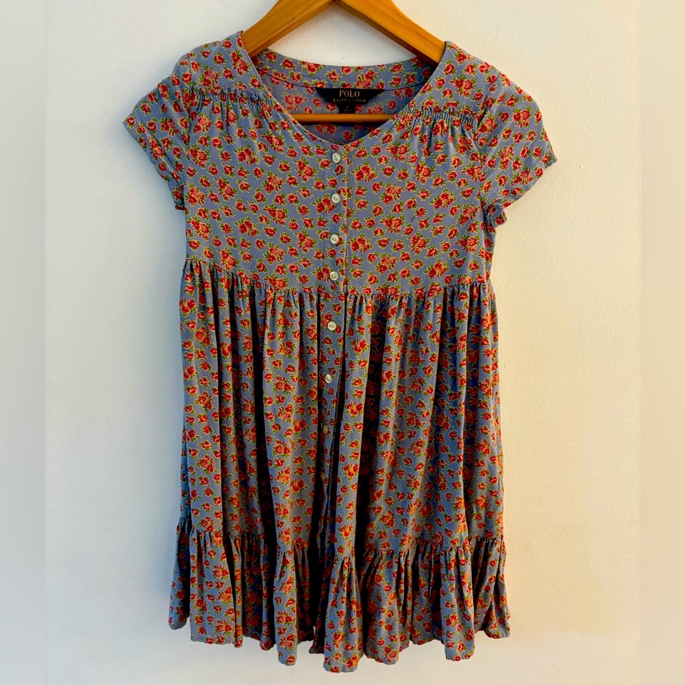 POLO RALPH LAUREN 🐎 Girls Floral Blue Short Sleeved Dress, Buttons up, Size 8